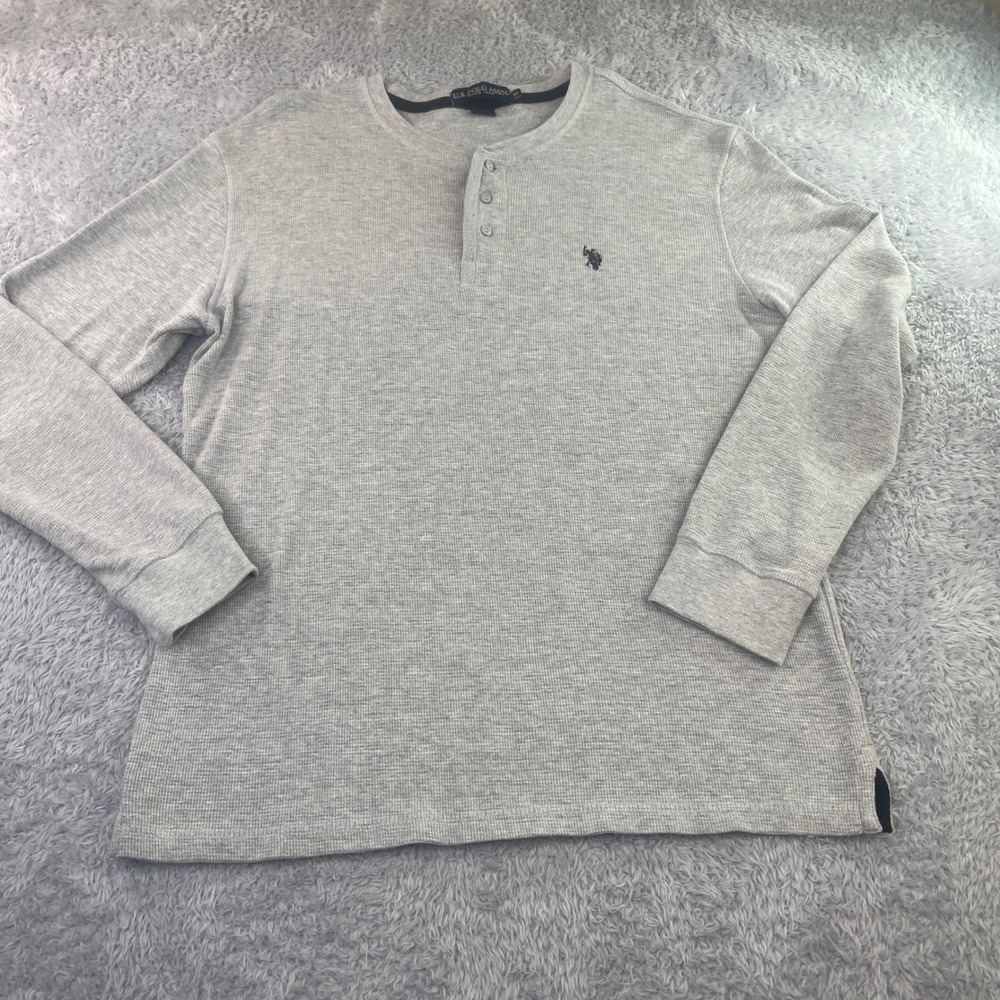 U.S. Polo Assn Henley Shirt Mens XL Grey Long Sleeve Waffle Knit Thermal Logo‎
